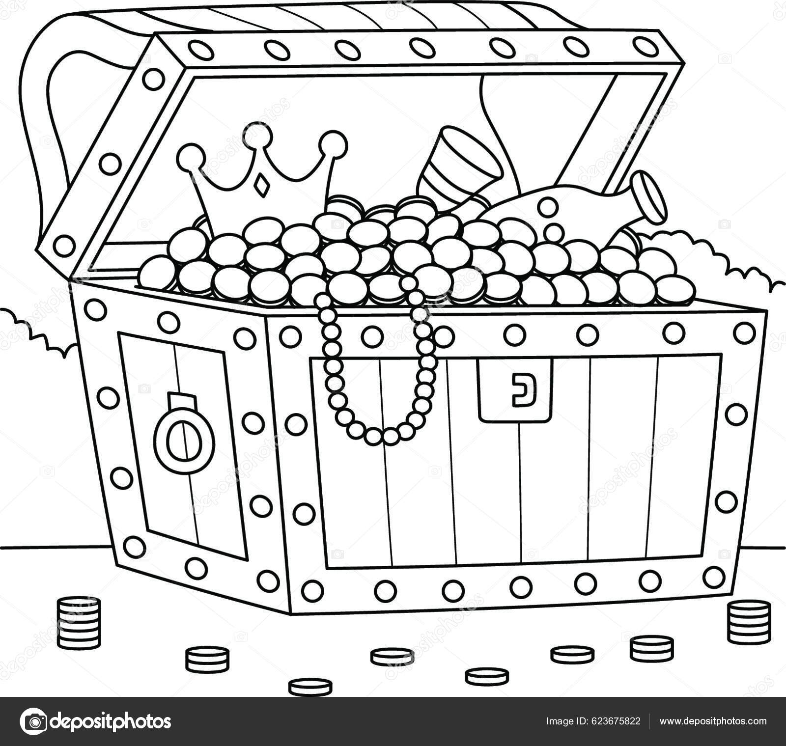 Big treasure chest coloring page kids stock vector by yayimages