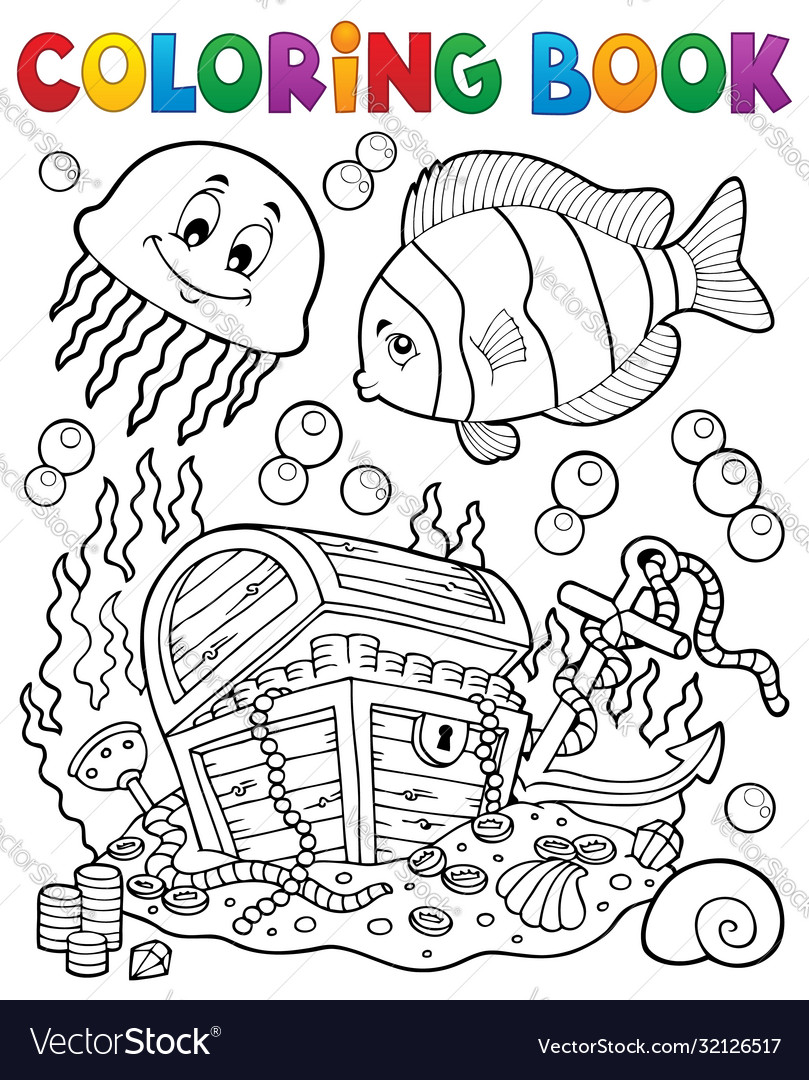 Coloring book treasure chest underwater royalty free vector