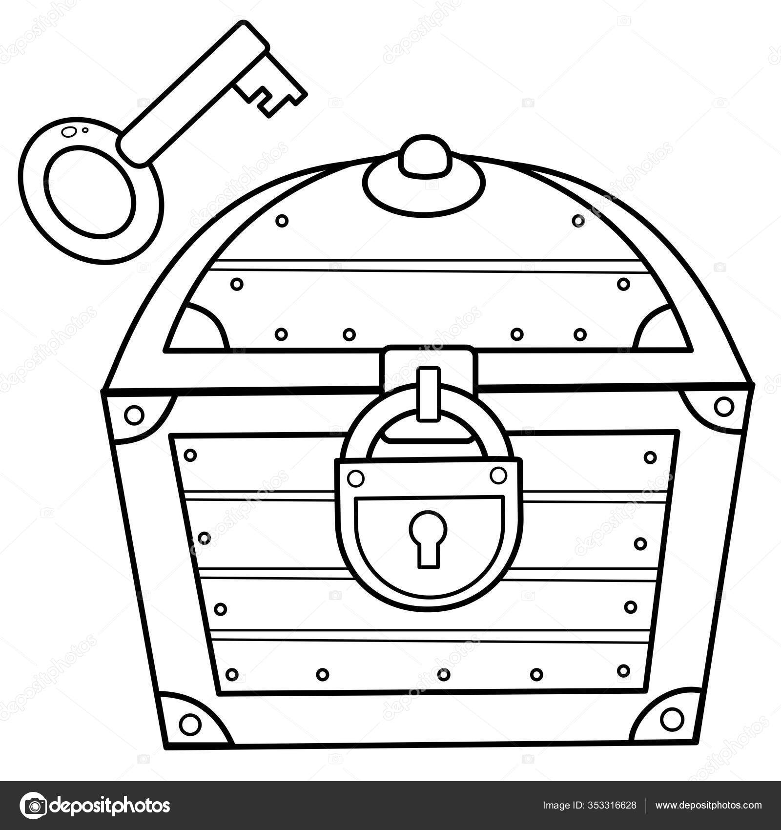 Coloring page outline cartoon treasure chest key closed coffer lock stock vector by oleon