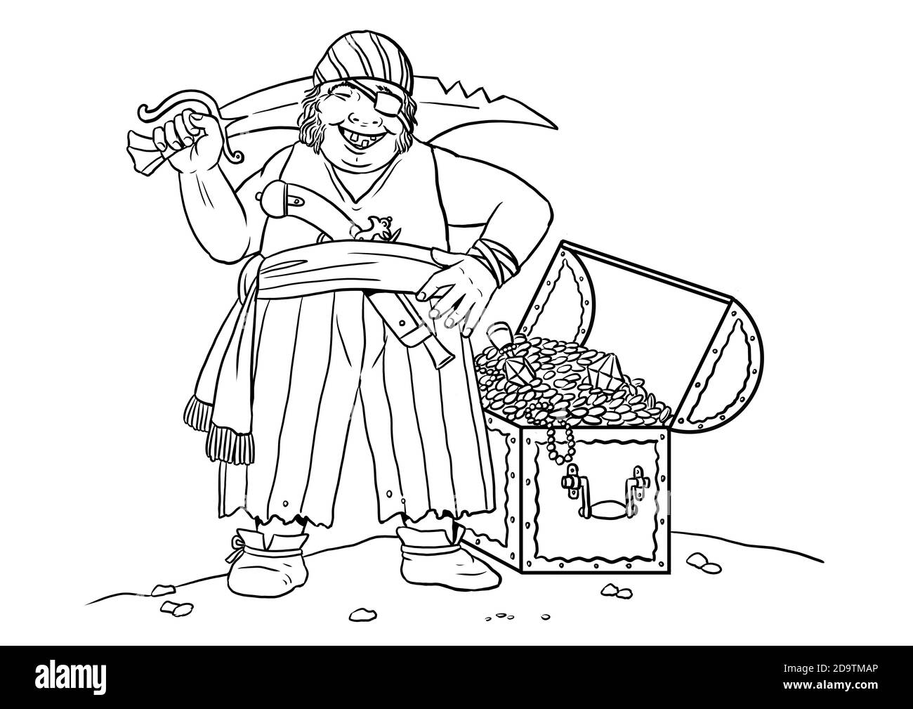 Pirate with the treasure chest for coloring colouring template for children stock photo