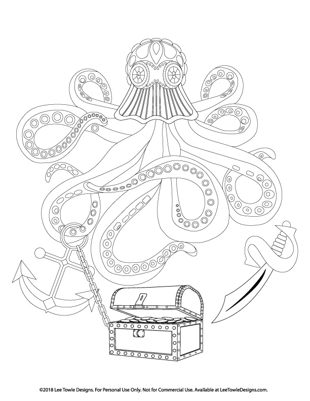 Octopus with treasure coloring page