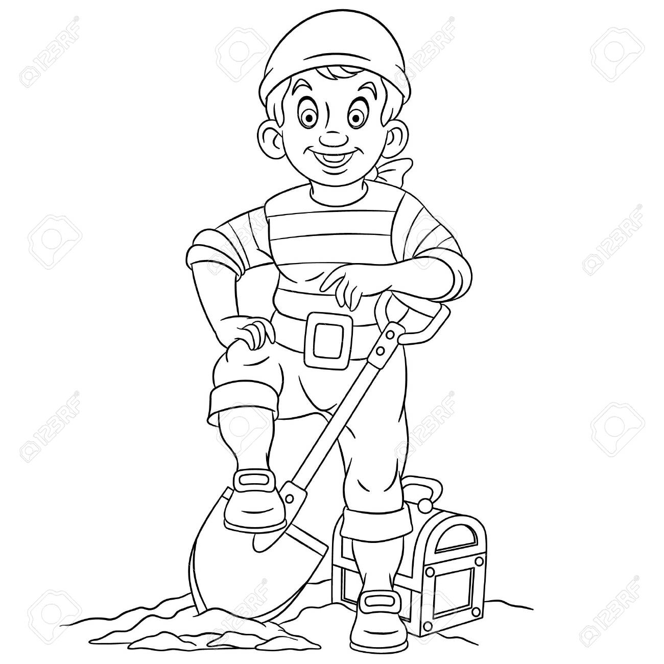Coloring page coloring picture of cartoon pirate with treasure chest childish design for kids activity colouring book about people professions royalty free svg cliparts vectors and stock illustration image
