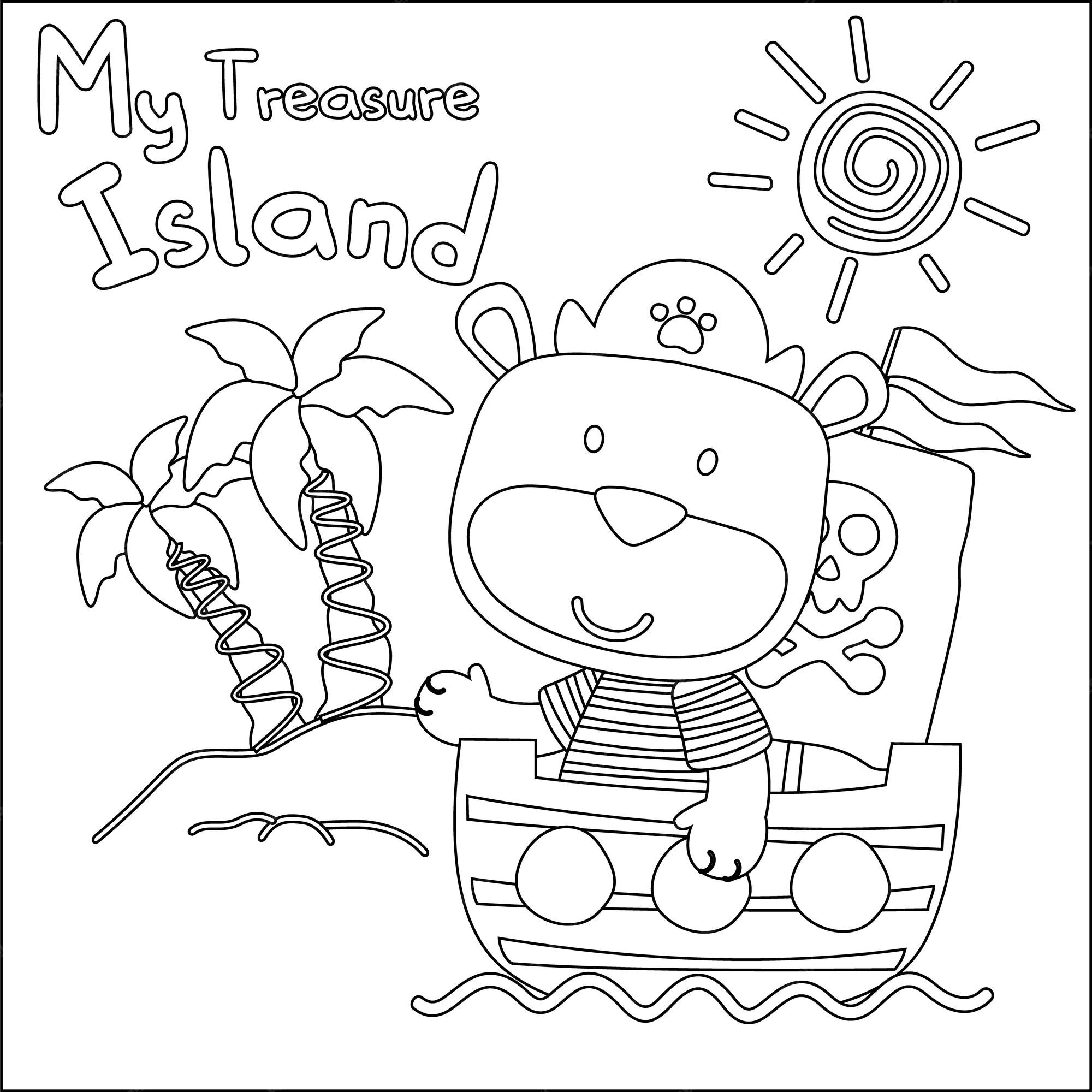 Premium vector vector illustration of funny bear pirate with treasure chest colouring book or page