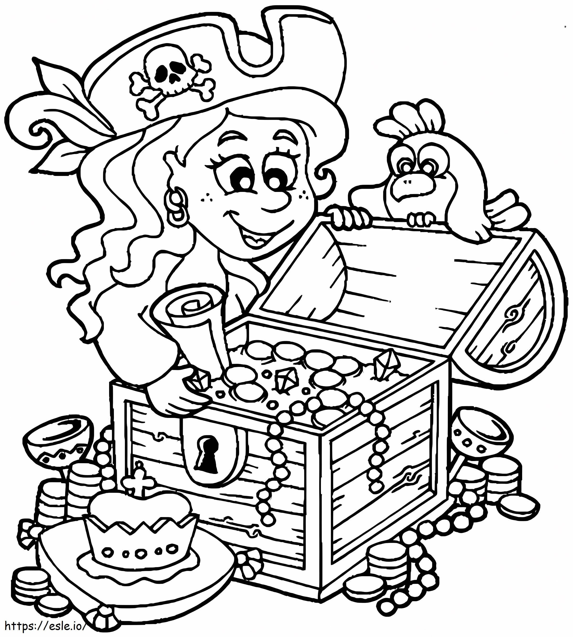 Pirate girl with treasure chest coloring page