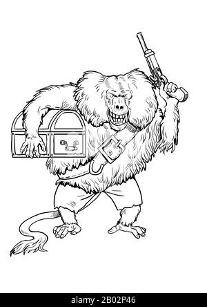 Baboon with the pistol and treasure chest coloring page outline clipart illustration monkey and apes pirates coloring sheet stock photo