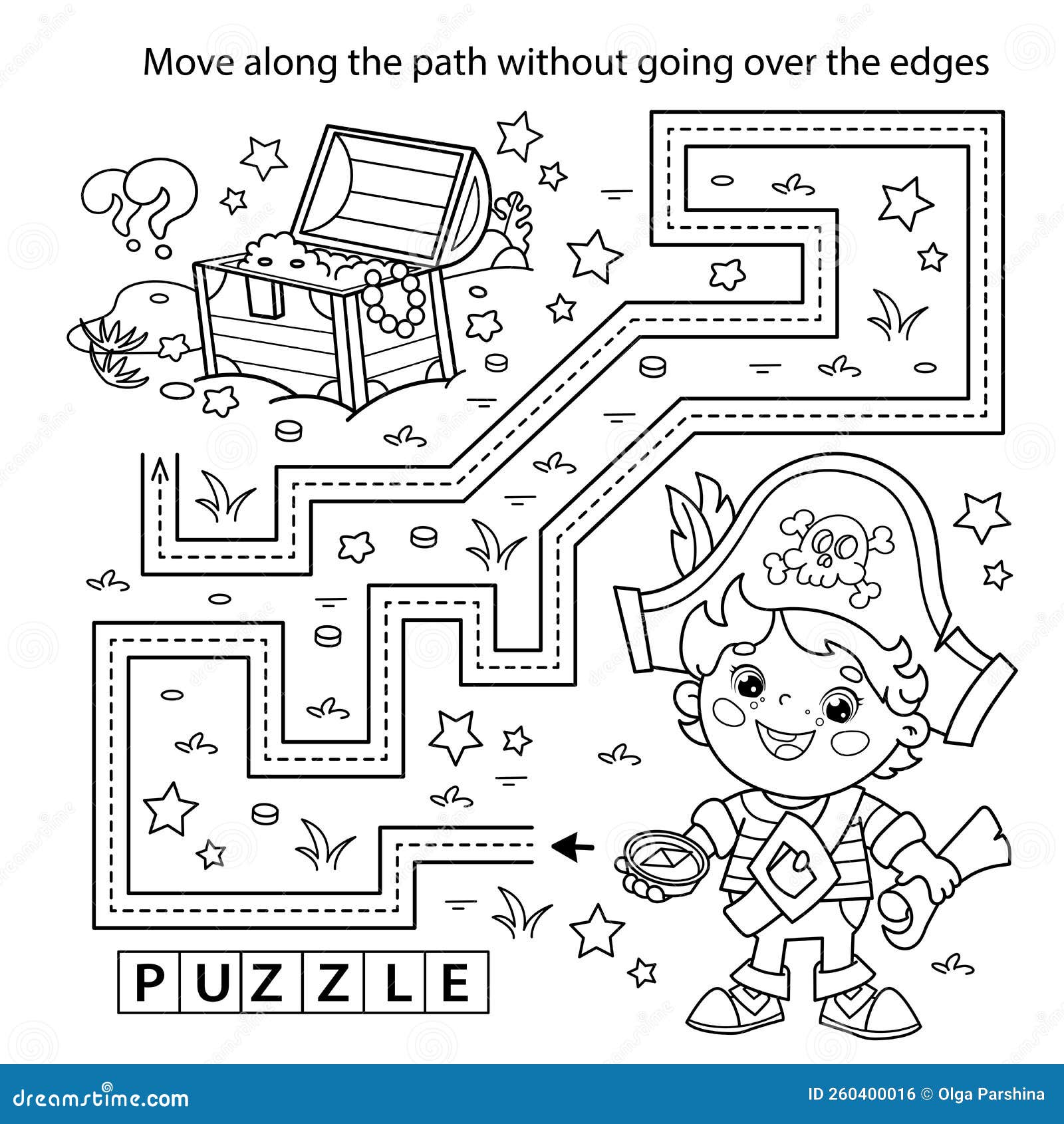 Handwriting practice sheet simple educational game or maze coloring page outline of cartoon little pirate with treasure chest stock vector