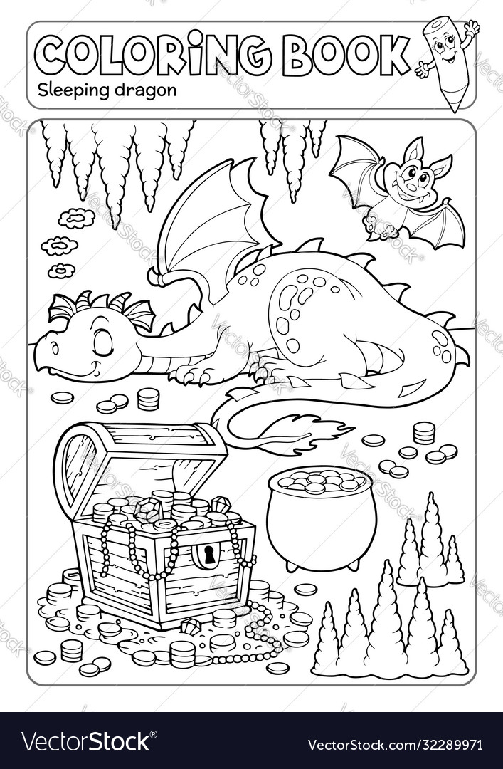 Coloring book dragon and treasure chest royalty free vector