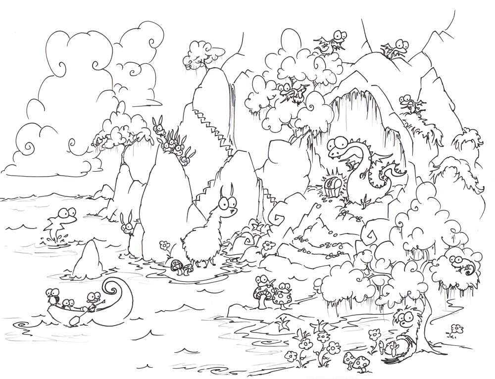 Coloring page a dragon in a cave with treasure