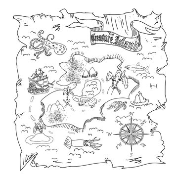 Treasure island map kids coloring page illustration
