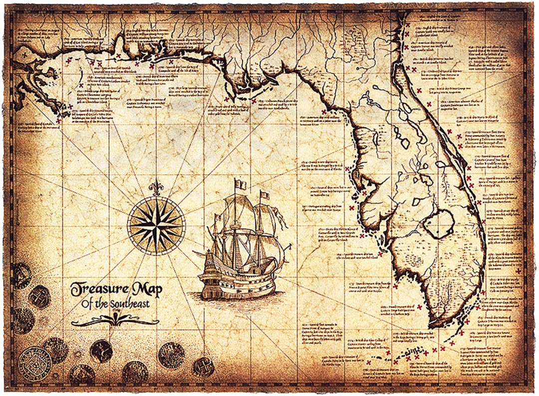 Treasure map of the southeast limited edition x treasure map shipwrecks shipwreck map gulf of mexico old maps treasure coins