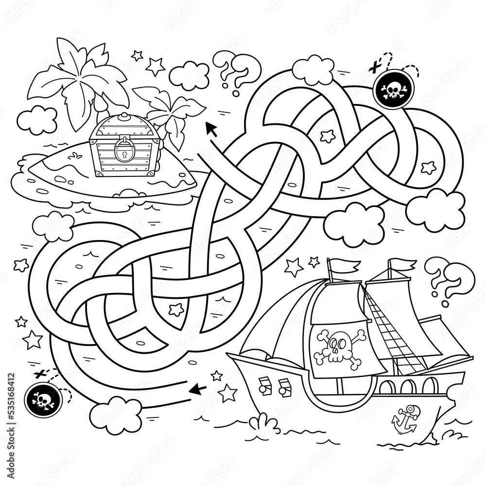 Maze or labyrinth game puzzle tangled road coloring page outline of cartoon pirate ship with treasure island coloring book for kids vector
