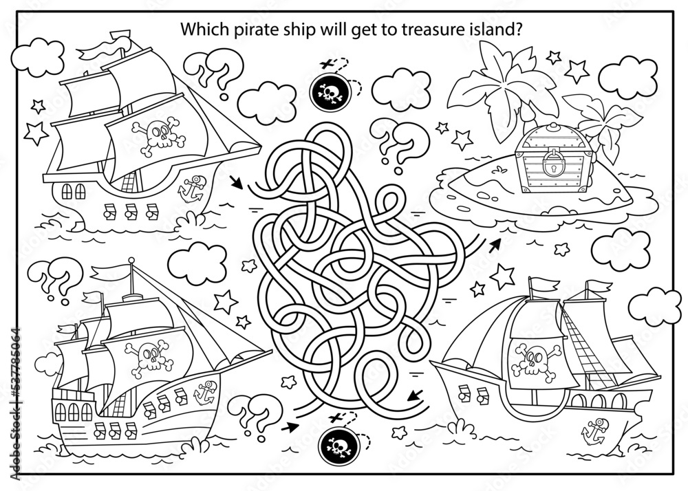 Maze or labyrinth game puzzle tangled road coloring page outline of cartoon pirate ships with treasure island coloring book for kids vector