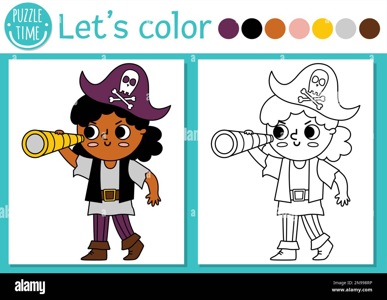 Pirate coloring page for children with pirate girl looking in telescope vector treasure island outline illustration color book for kids with colored stock vector image art