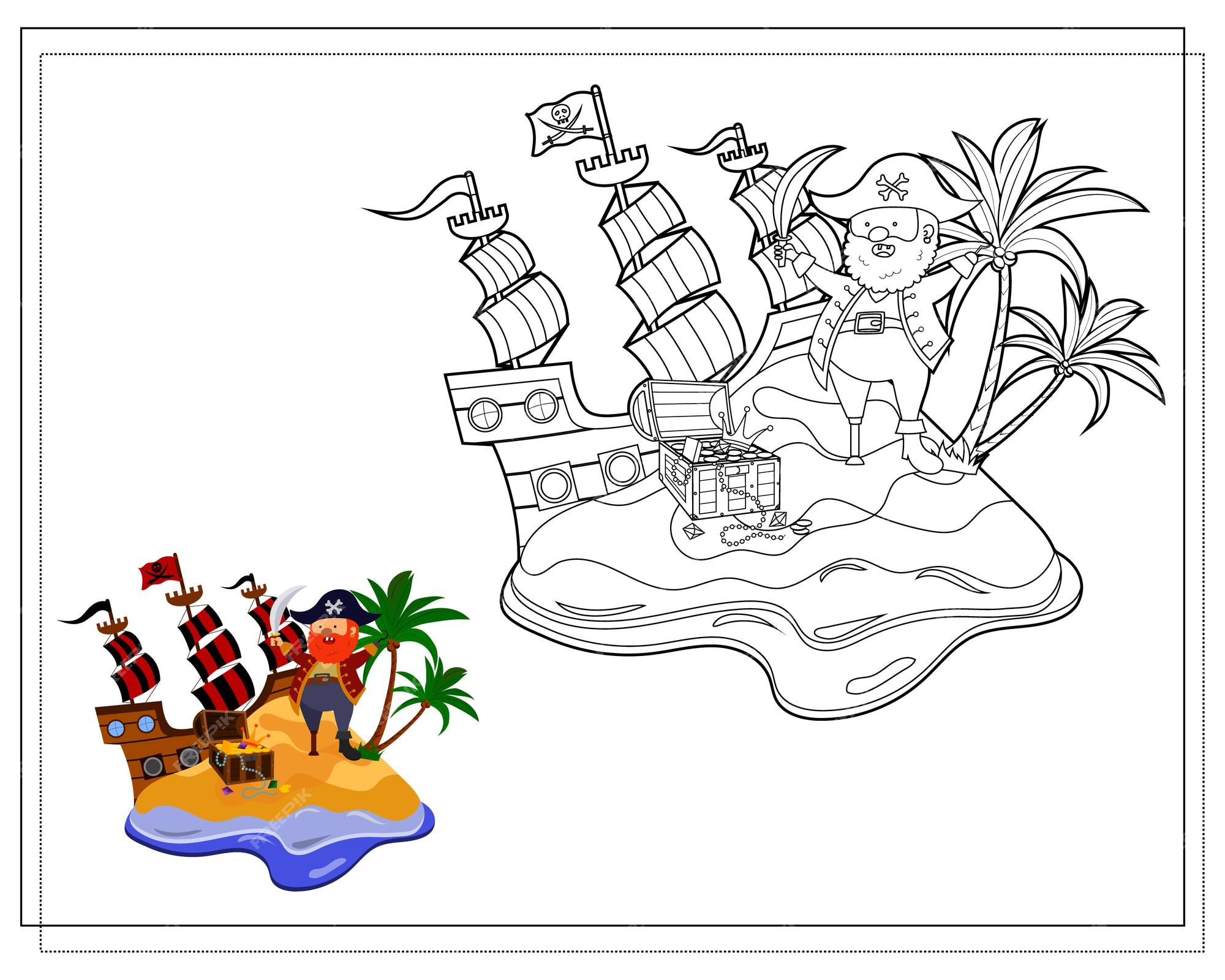 Premium vector coloring book for kids pirate on treasure island vector isolated on a white background