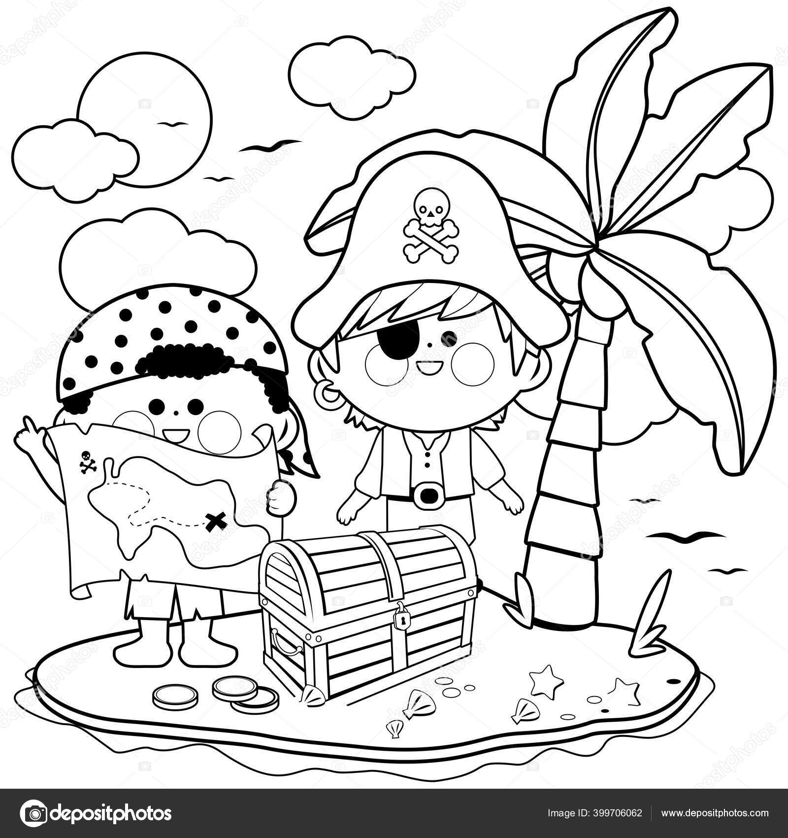Pirates treasure island vector black white coloring page stock vector by stockakia