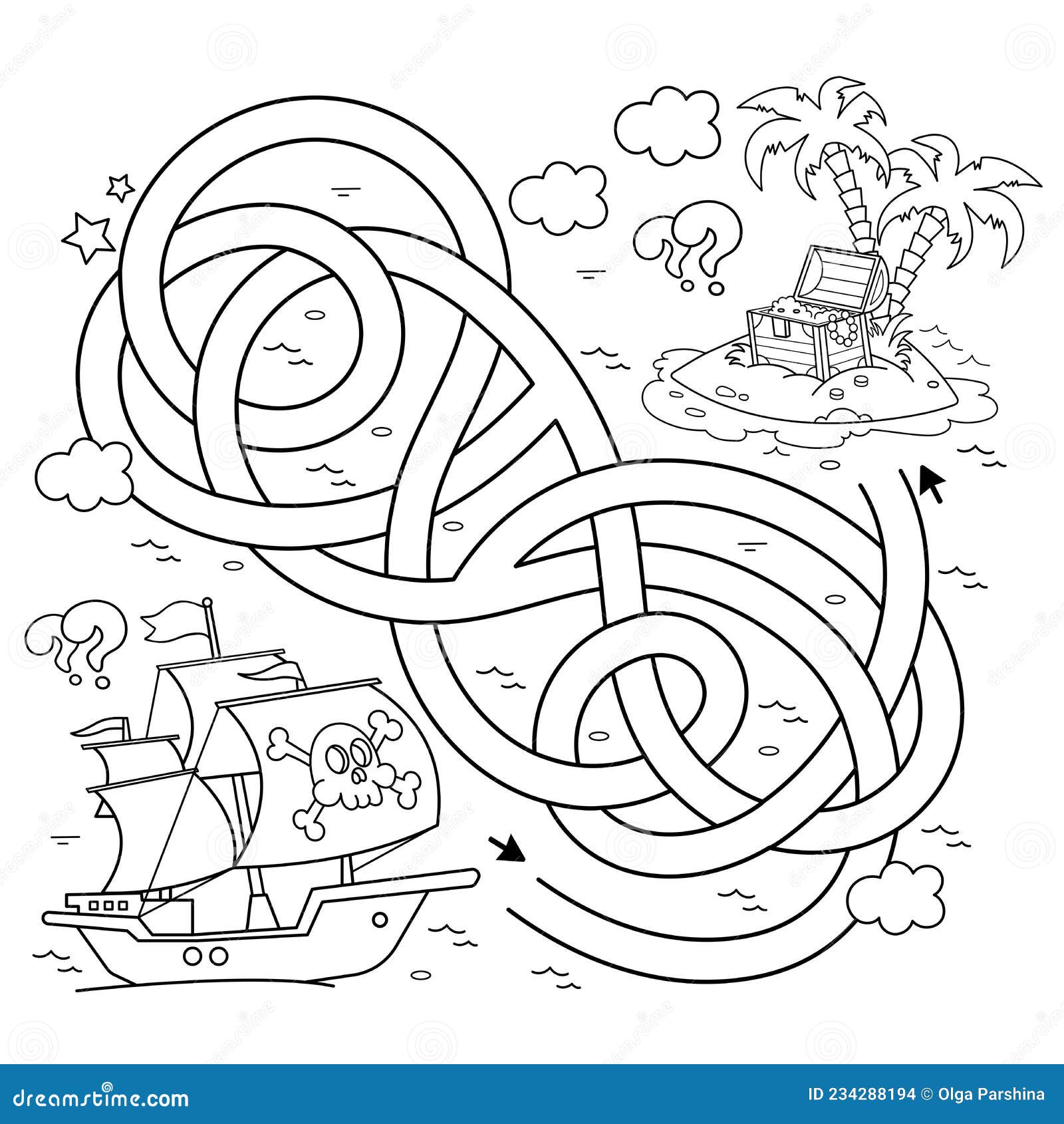 Maze or labyrinth game puzzle tangled road coloring page outline of cartoon pirate ship with treasure island stock vector