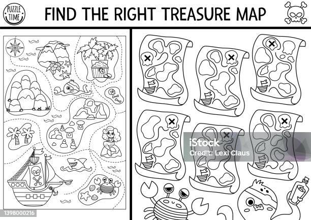Black and white find two same pirate ships treasure island line matching activity for children sea adventures educational quiz worksheet or coloring page for kids with cute boats stock illustration
