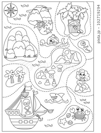 Vector black and white treasure island map with