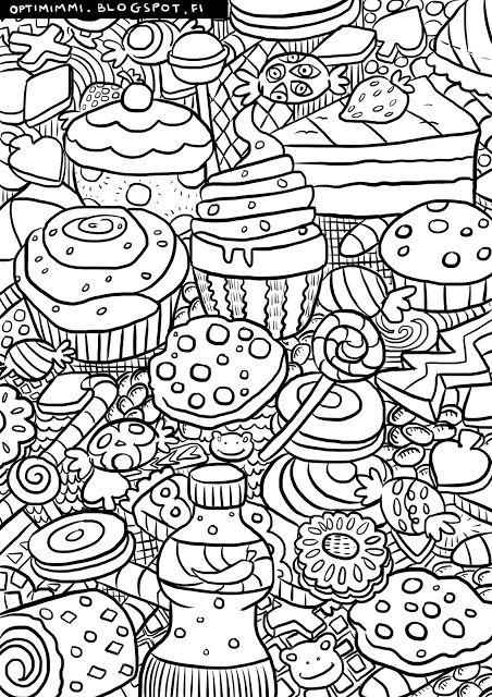 A coloring page of candies and baked treats vãrityskuva karkeista ja leivonnaisista free adult coloring printables coloring pages adult colouring printables