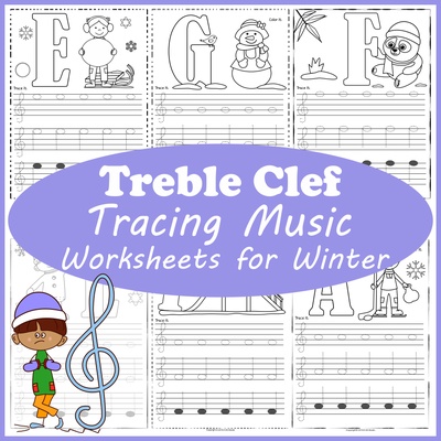 Treble clef tracing music notes worksheets for winter
