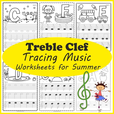 Treble clef tracing music notes worksheets for summer