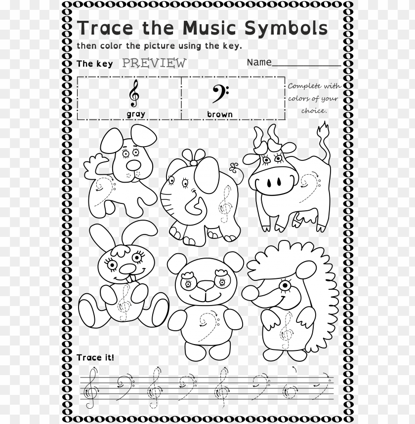 Funny worksheets to trace basic music symbols for younger