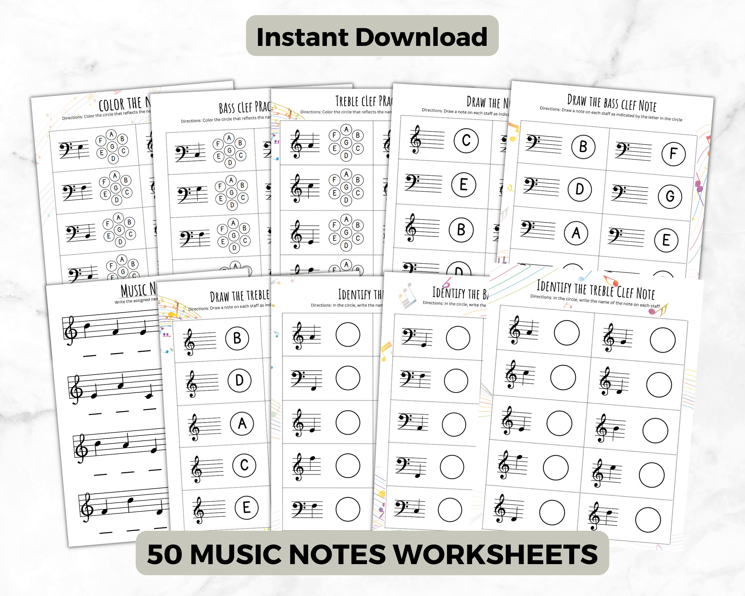 Music notes worksheets treble g and bass f clef identify music note music activity learn music basic digital download pages download now