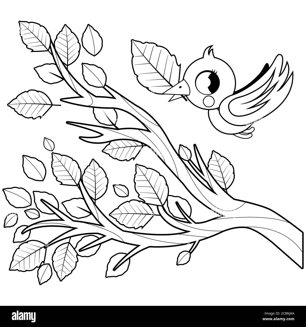 Bird in autumn flying and tree branch with dry leaves black and white coloring page stock photo