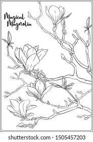 Magnolia tree branch flowers coloring page stock vector royalty free