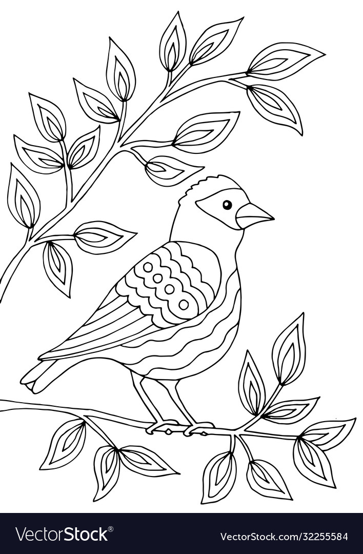 Bird sitting on a branch coloring page royalty free vector