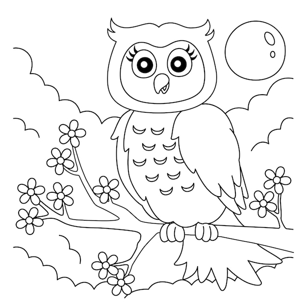 Premium vector owl on a tree branch coloring page for kids