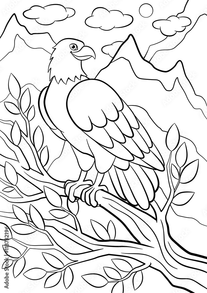 Coloring pages wild birds cute eagle sits on the tree branch and smiles vector