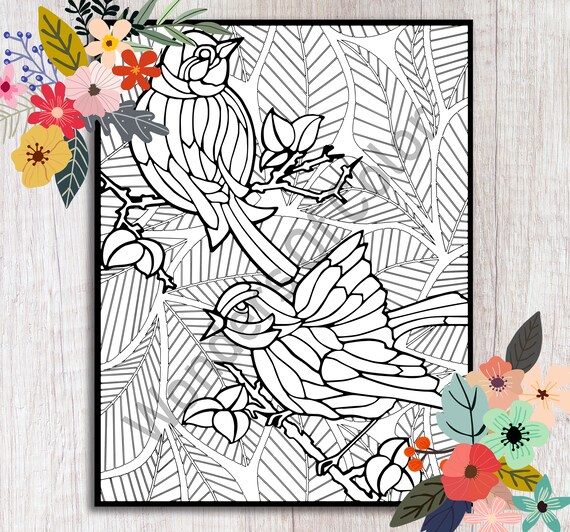 Printable adult coloring page birds on tree branches stress management art therapy instant digital download wonders of color