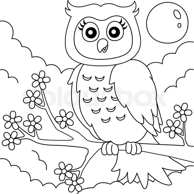 Owl on a tree branch coloring page for kids stock vector