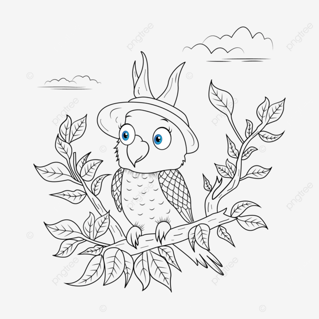 Coloring page cute and calm parrot sits on the tree branch leafs vector parrot coloring page line art png and vector with transparent background for free download
