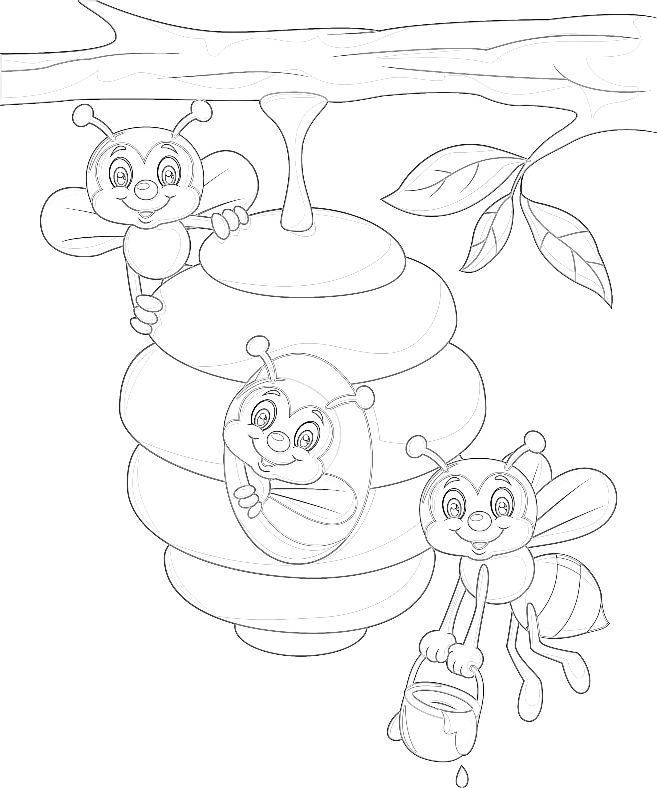 Branch of a tree with a beehive and bees coloring page