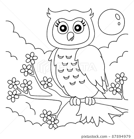 Owl on a tree branch coloring page for kids