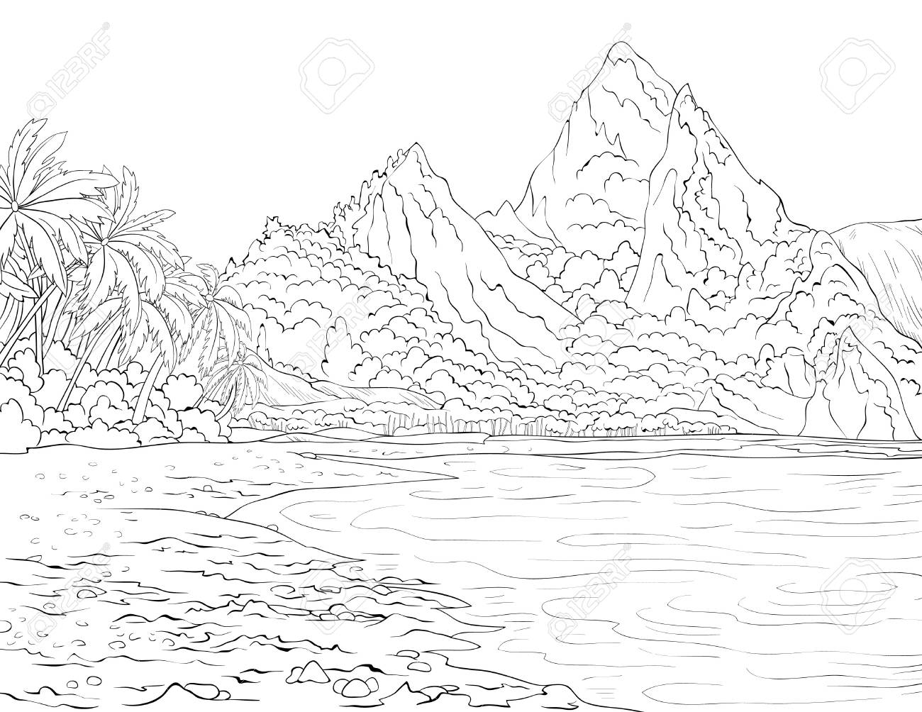 A summer landscape with palmstreesand and sea beach image for relaxing activitya coloring bookpage for adultsline art style illustration for printposter design royalty free svg cliparts vectors and stock illustration image