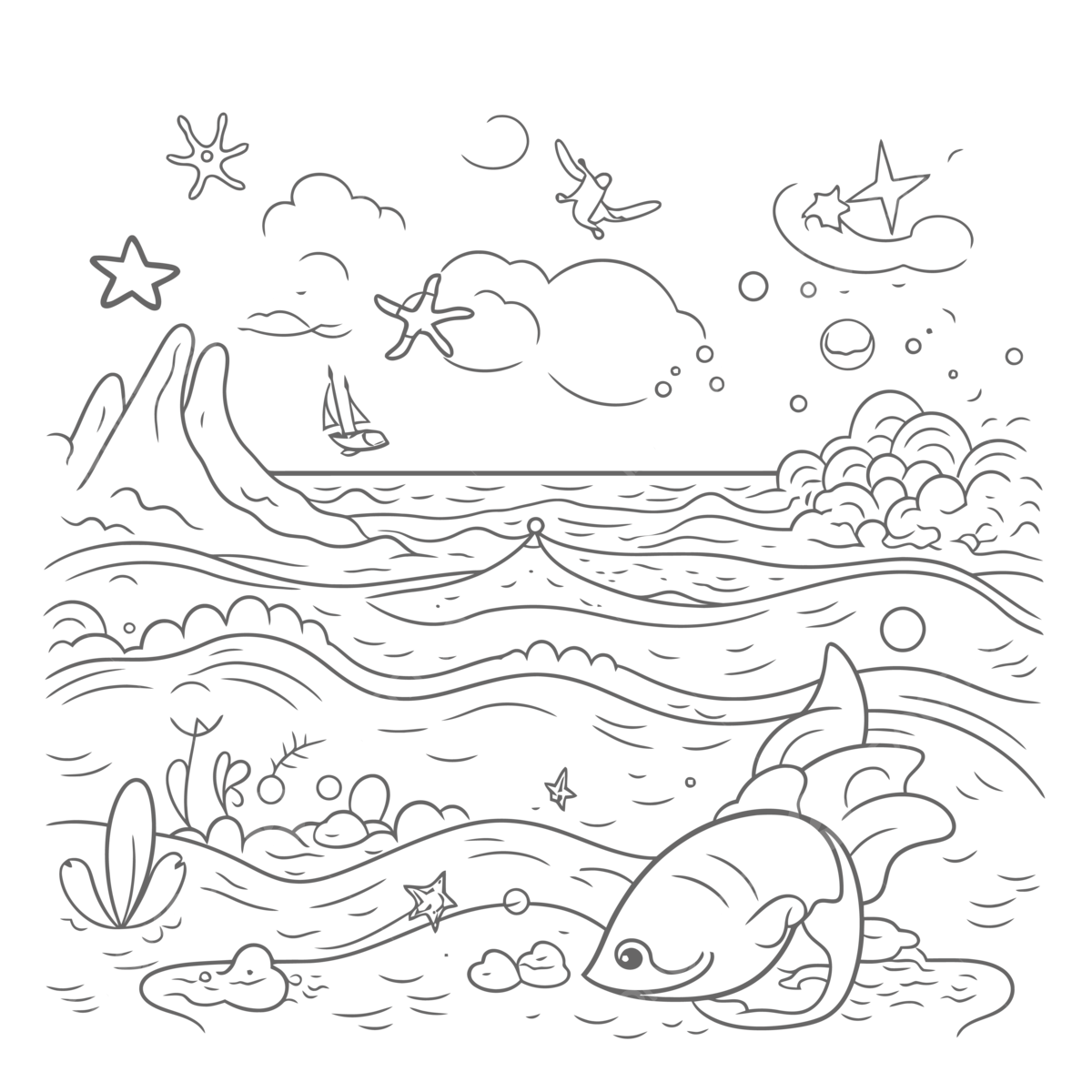 Outline ocean themed seascape coloring pages sketch drawing vector ocean drawing wing drawing sea drawing png and vector with transparent background for free download