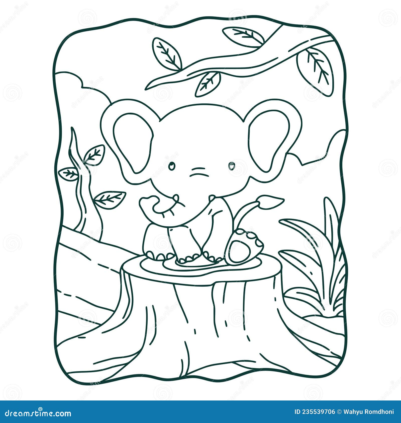 Cartoon illustration elephant sitting on a tree that has been cut down coloring book or page for kids stock illustration