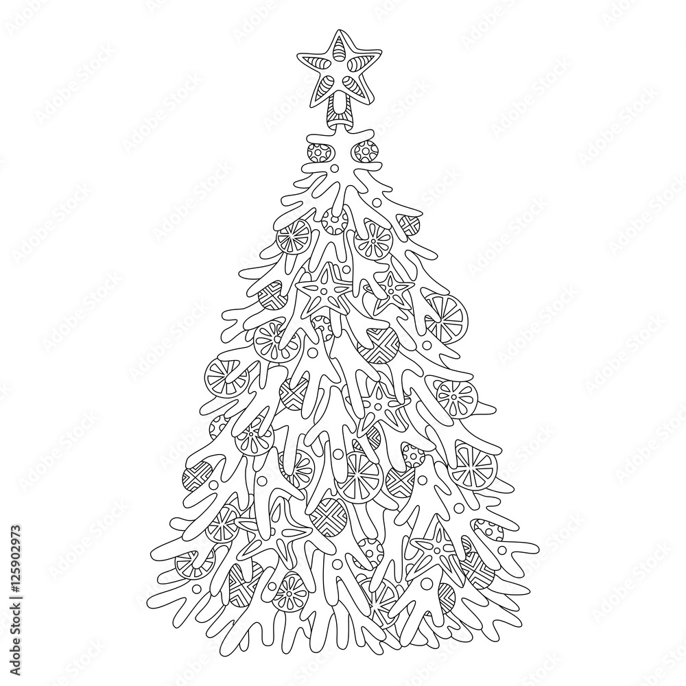 Christmas tree adult coloring page in zentangle style vector