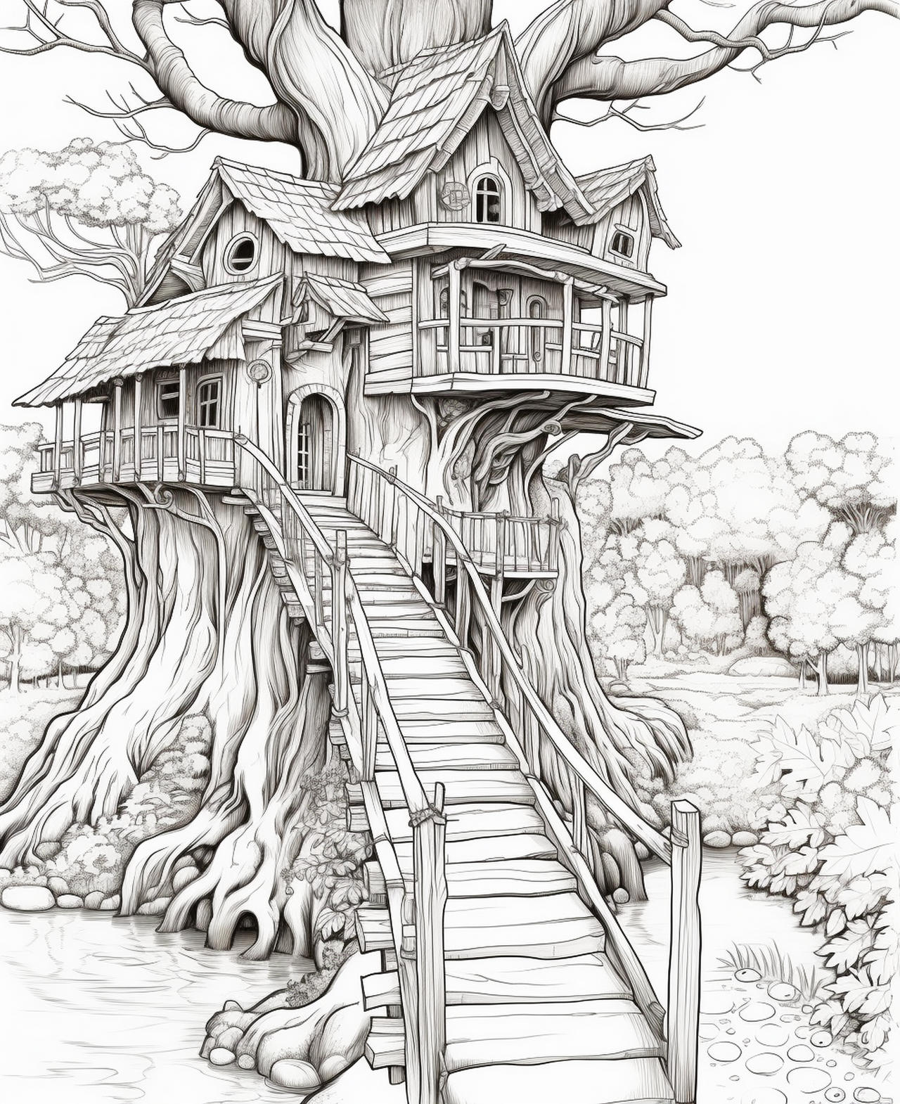 Tree houses with rope bridges coloring pages by coloringbooksart on