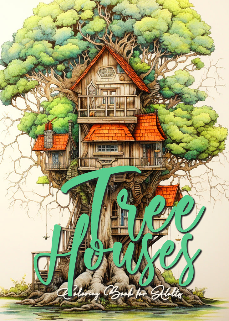 Tree houses grayscale coloring book printbook â monsoon publishing usa