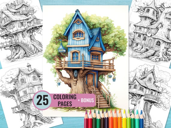 A house on a tree coloring book printable tree houses coloring pages for kids and adults forest homes coloring page instant download