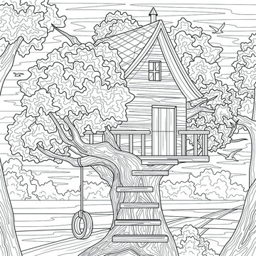 Tree housescenerycoloring book antistress for children and adults illustration isolated on white backgroundzen
