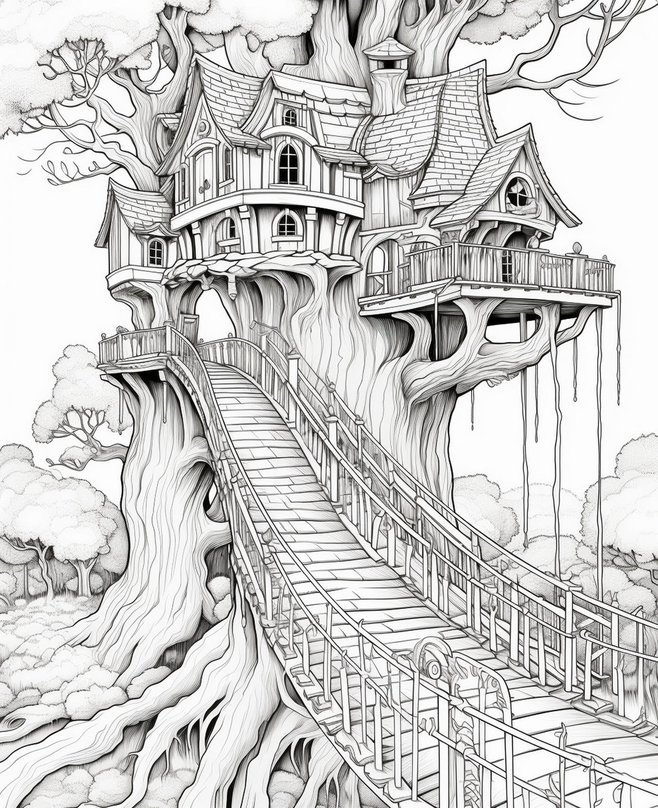 Tree houses with rope bridges coloring pages by coloringbooksart on