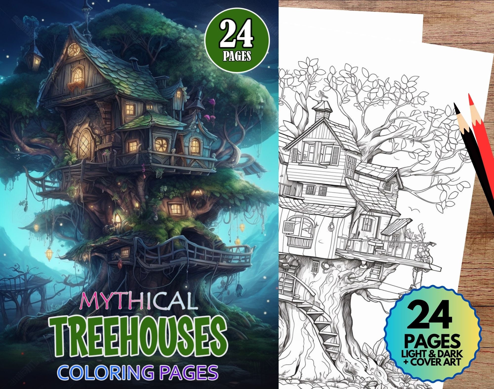 Fantastical treehouse coloring pages pack instant pdf download adult kid coloring fantasy art cover art included