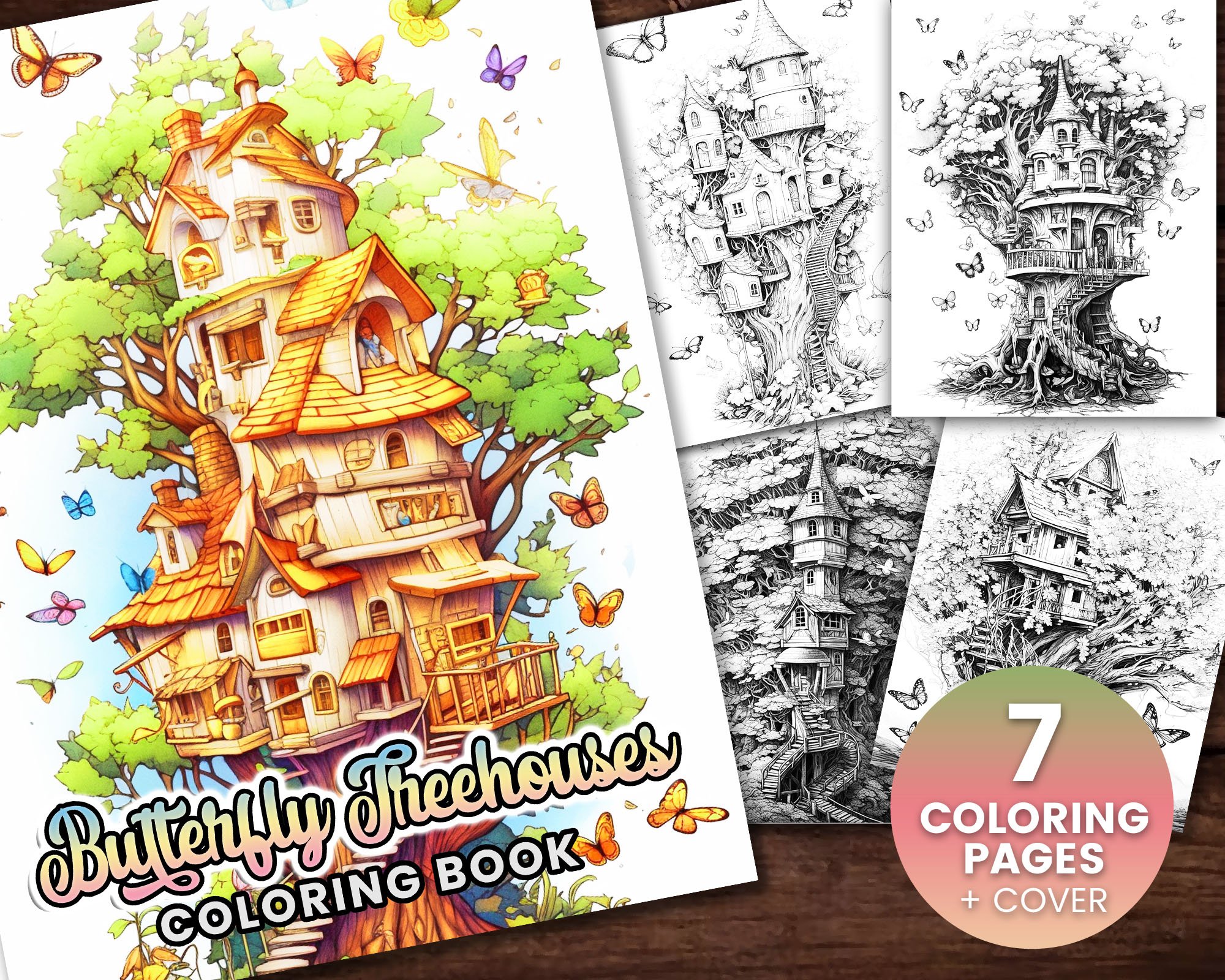 Butterfly treehouses coloring book adults kids instant download