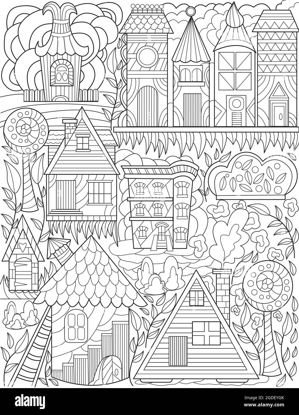 Old town doodle tall trees houses colorless line drawing classic village doodling set tall buildings house tree coloring book page stock vector image art