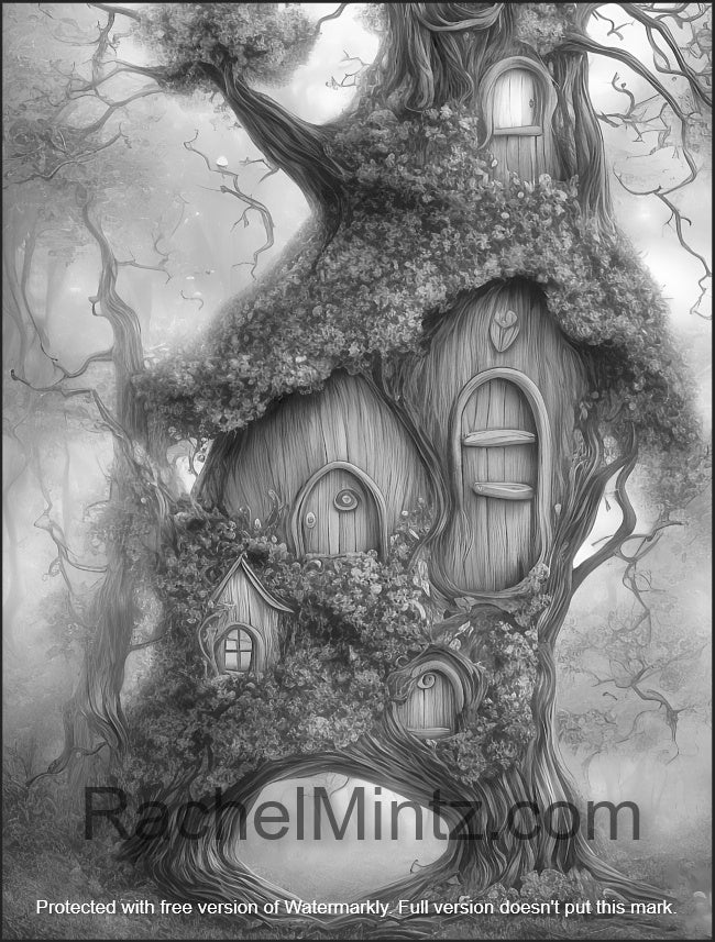 Misty forest treehouses x fantasy forest hideouts grayscale color â rachel mintz coloring books